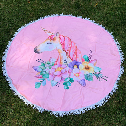 Round Beach Towel - Floral Unicorn